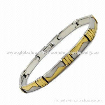 Stainless Steel Bracelets with Interval of Plating IP Gold,Front-side with High Polished and Brushed